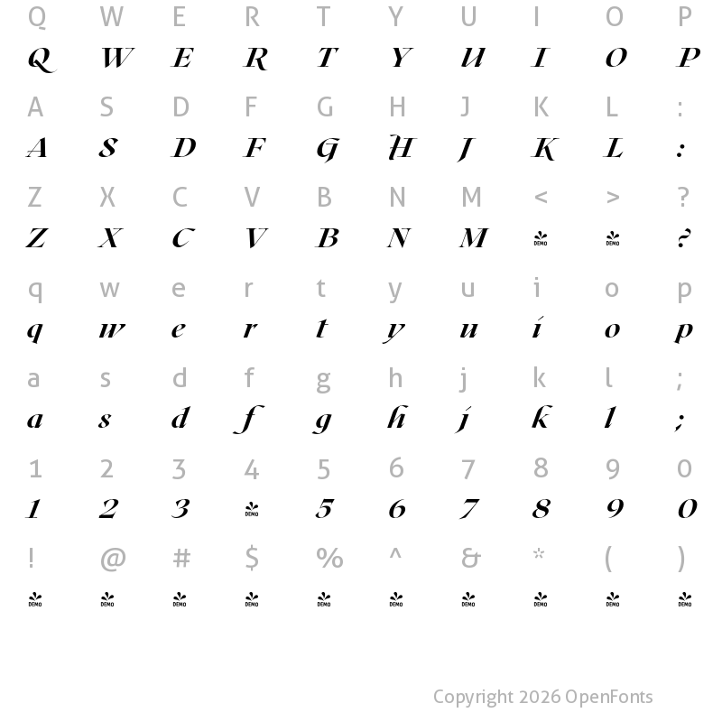 Character Map of FONTSPRING DEMO - Roxborough CF Heavy Italic