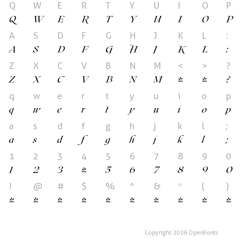 Character Map of FONTSPRING DEMO - Roxborough CF Italic