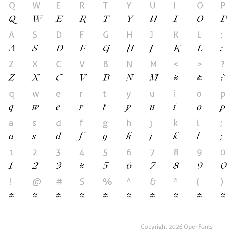 Character Map of FONTSPRING DEMO - Roxborough CF Light Italic