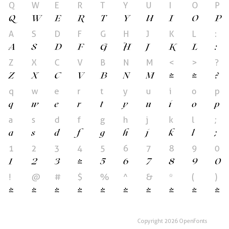 Character Map of FONTSPRING DEMO - Roxborough CF Medium Italic