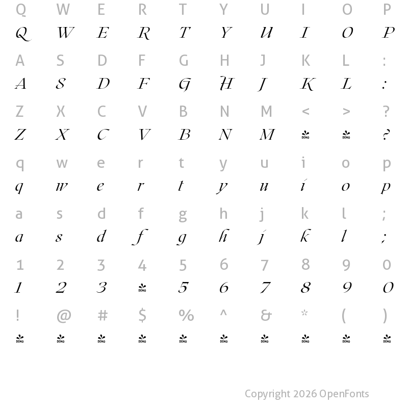 Character Map of FONTSPRING DEMO - Roxborough CF Thin Italic