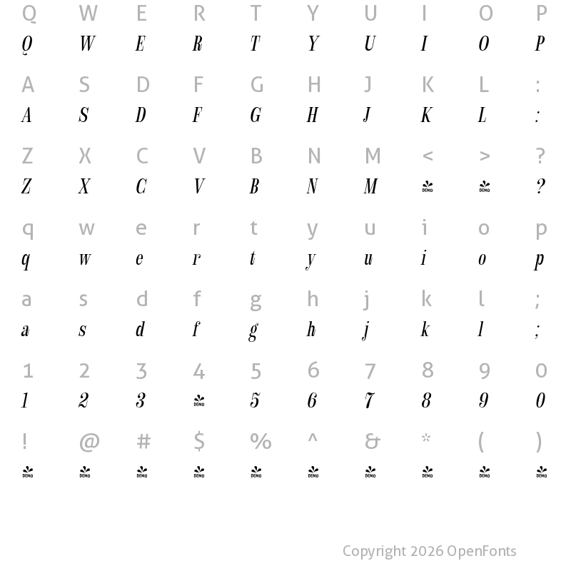 Character Map of FONTSPRING DEMO - Royalis Cond Oblique Regular
