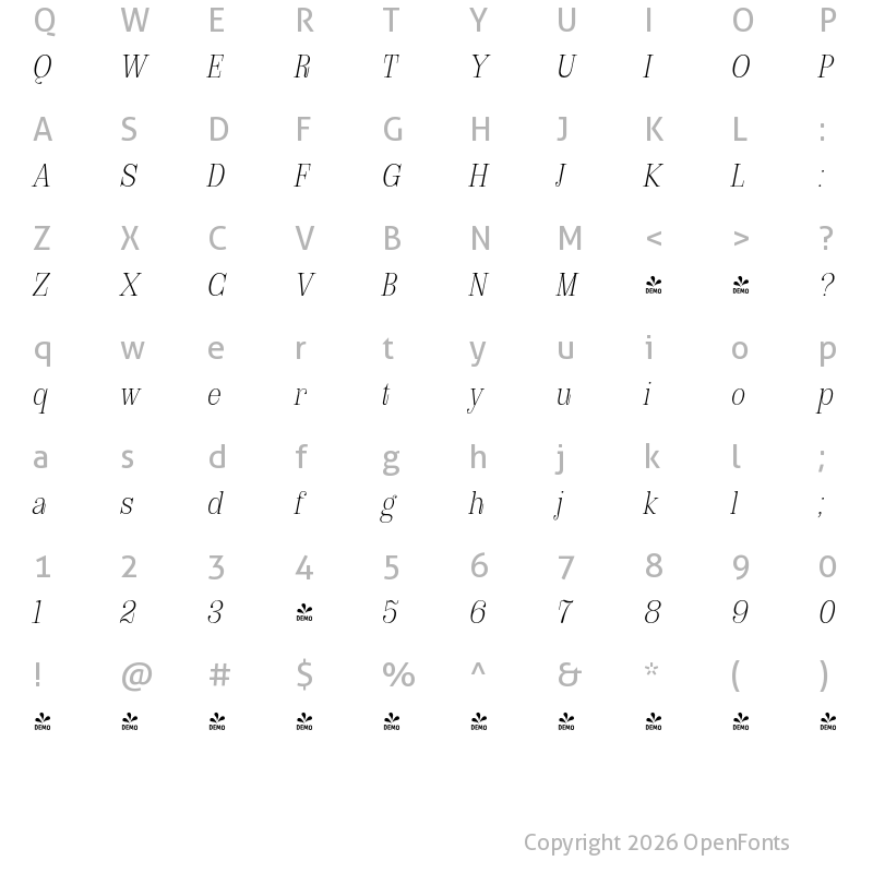 Character Map of FONTSPRING DEMO - Royalis Extralight Oblique Regular