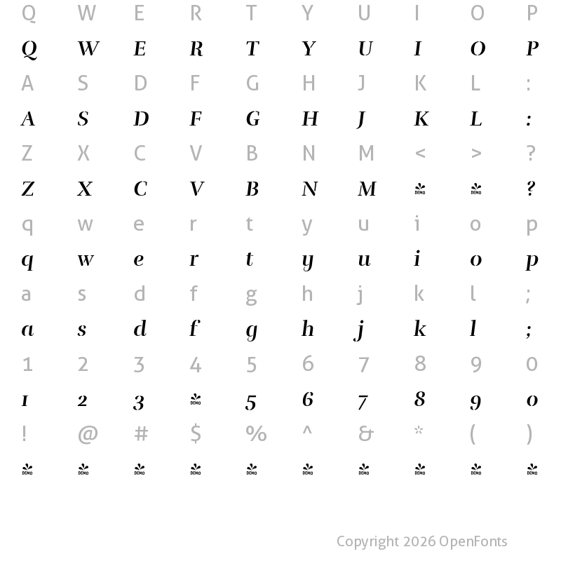 Character Map of FONTSPRING DEMO - Rufina-Stencil-Bold-Italic Regular