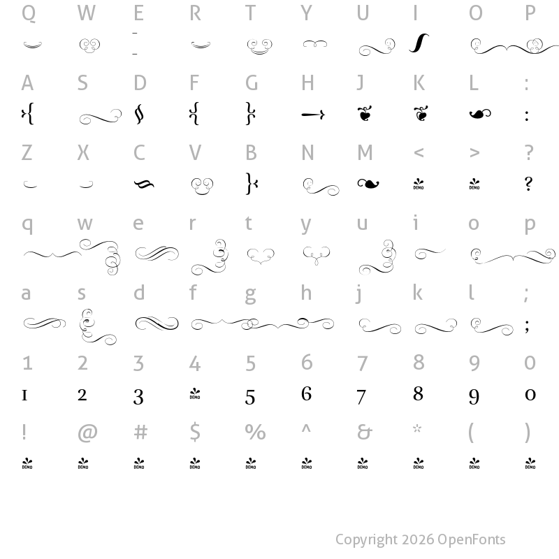 Character Map of FONTSPRING DEMO - Rufina-Stencil-Ornaments Regular