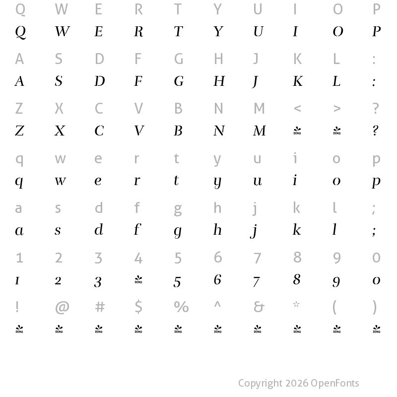 Character Map of FONTSPRING DEMO - Rufina-Stencil-Regular-Italic Regular