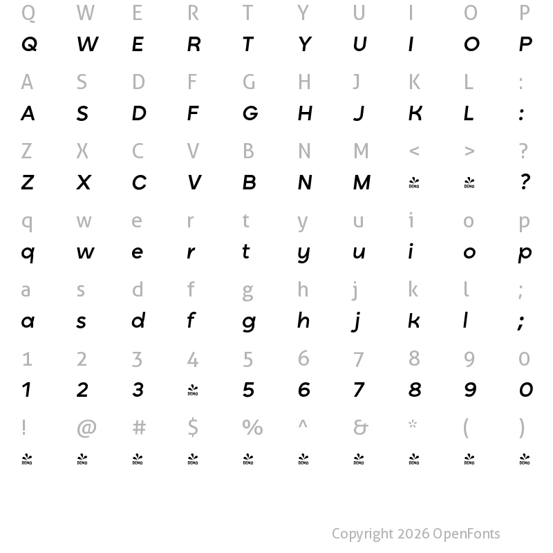 Character Map of FONTSPRING DEMO - Ryker Medium Oblique Italic