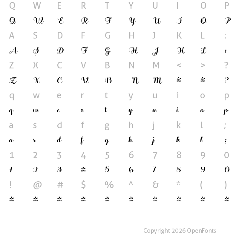 Character Map of FONTSPRING DEMO - Sabores Script Black Italic Regular