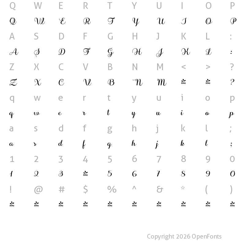 Character Map of FONTSPRING DEMO - Sabores Script Bold Italic Regular