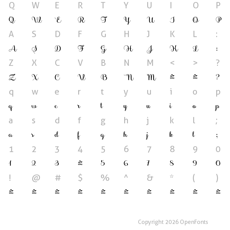 Character Map of FONTSPRING DEMO - Sabores Script Bold Regular