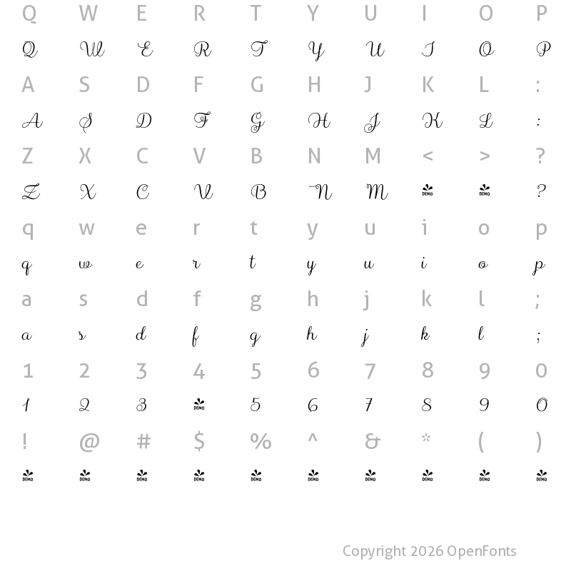 Character Map of FONTSPRING DEMO - Sabores Script Italic Regular