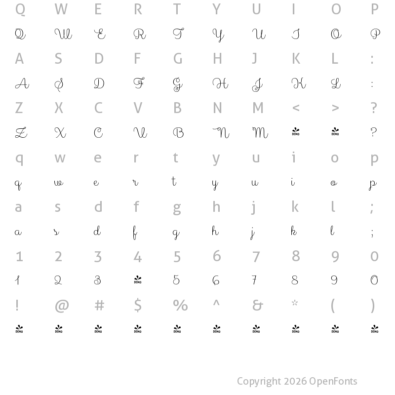 Character Map of FONTSPRING DEMO - Sabores Script Light Regular