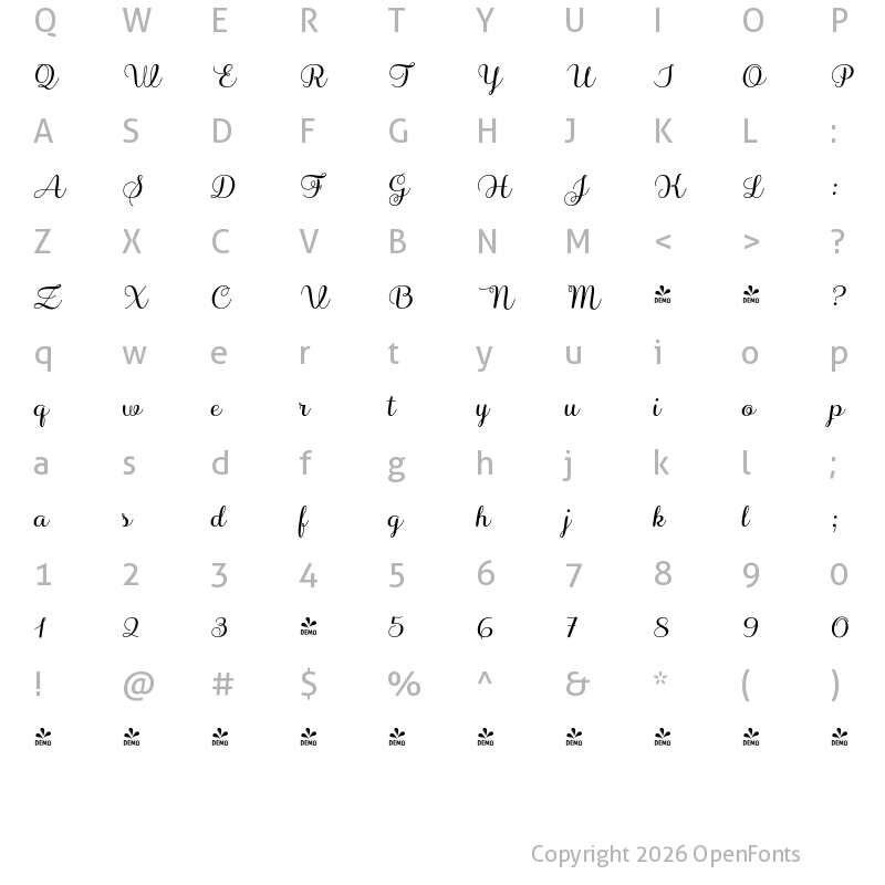 Character Map of FONTSPRING DEMO - Sabores Script Semibold Italic Regular