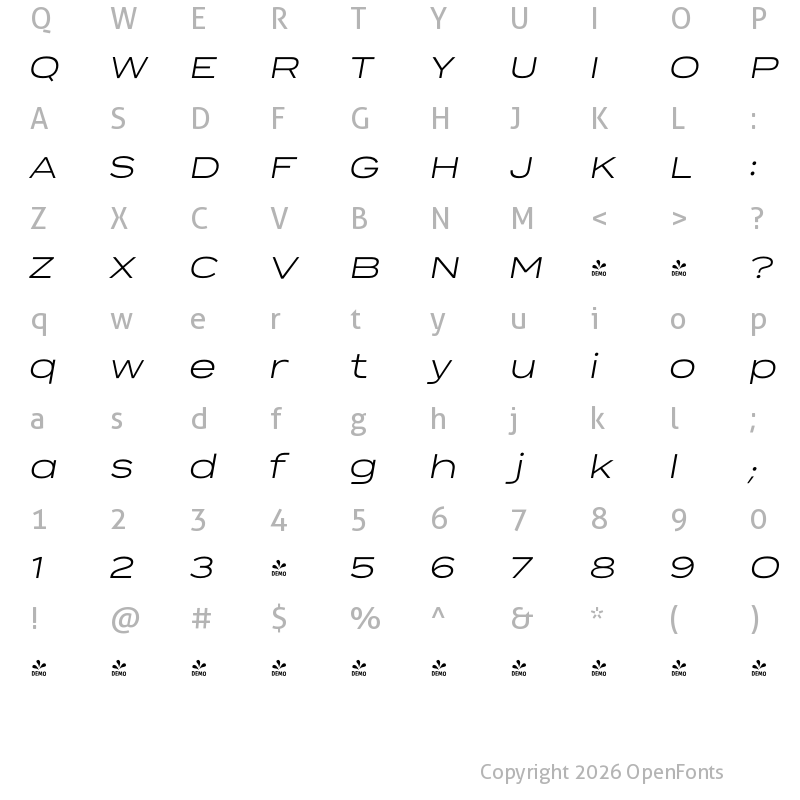 Character Map of FONTSPRING DEMO - Sabrosa Italic
