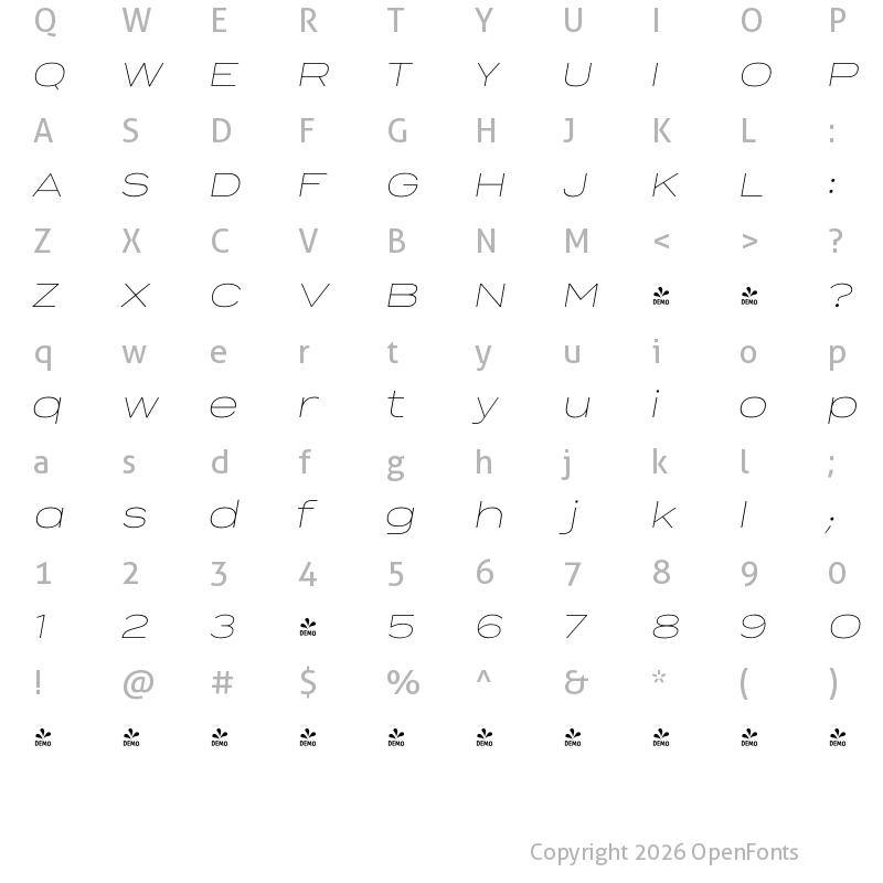 Character Map of FONTSPRING DEMO - Sabrosa Light Italic