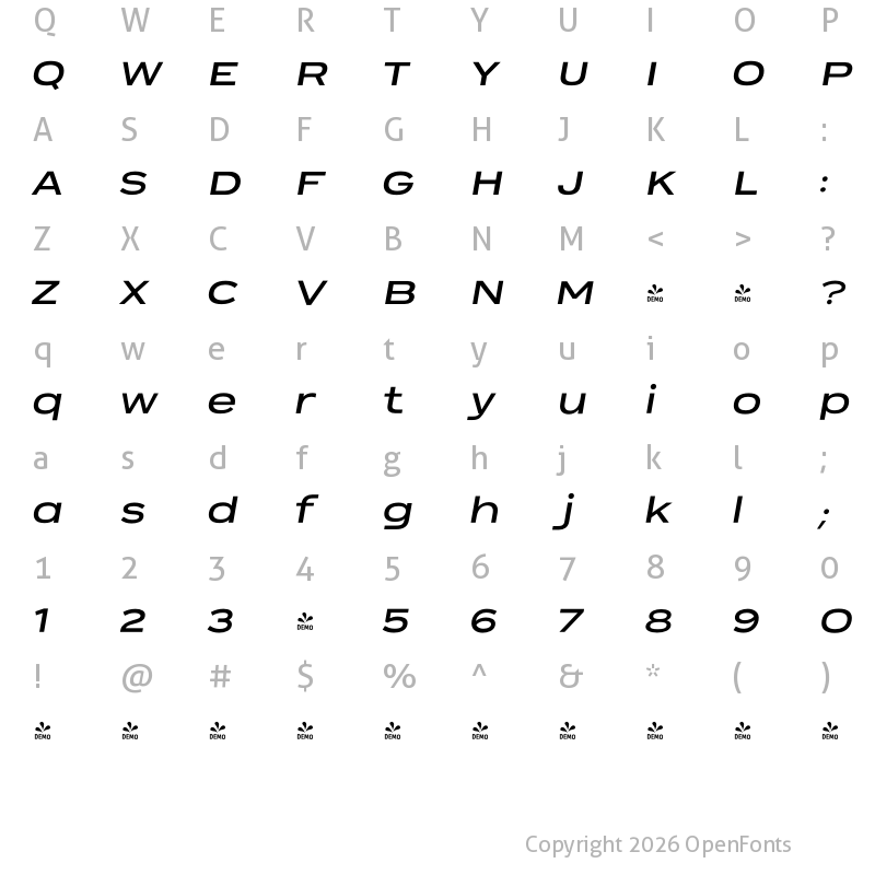Character Map of FONTSPRING DEMO - Sabrosa Medium Italic