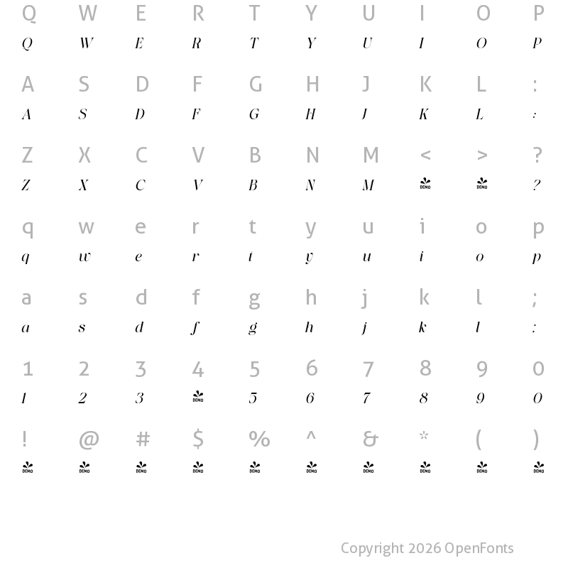 Character Map of FONTSPRING DEMO - Saficel Light Italic