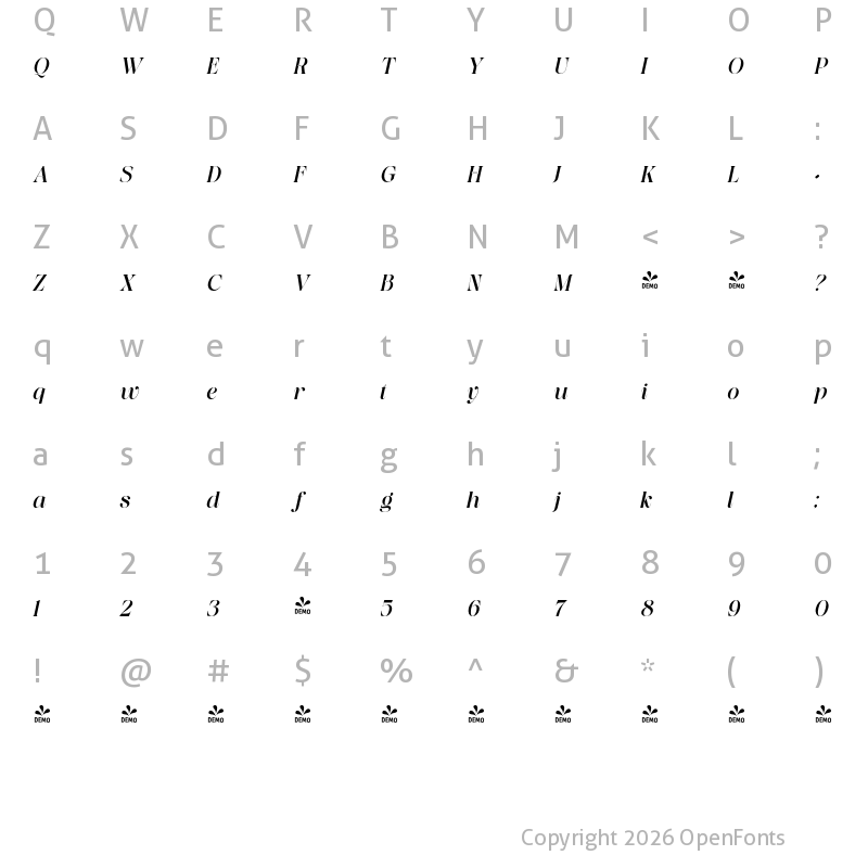 Character Map of FONTSPRING DEMO - Saficel Med Italic