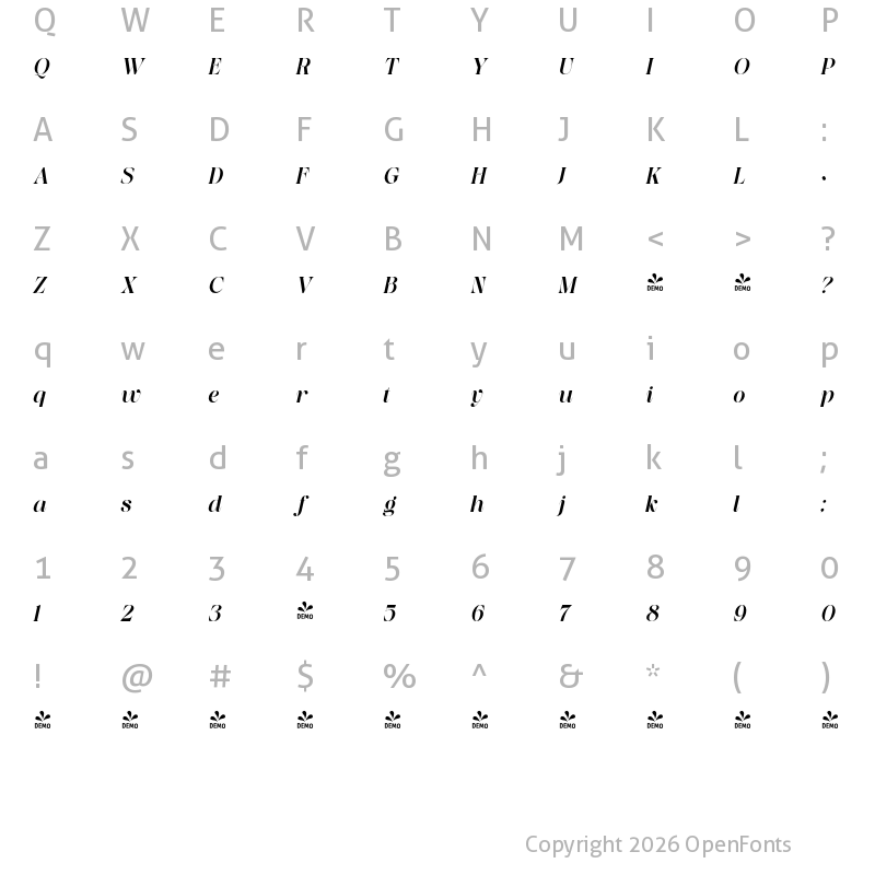 Character Map of FONTSPRING DEMO - Saficel SemBd Italic