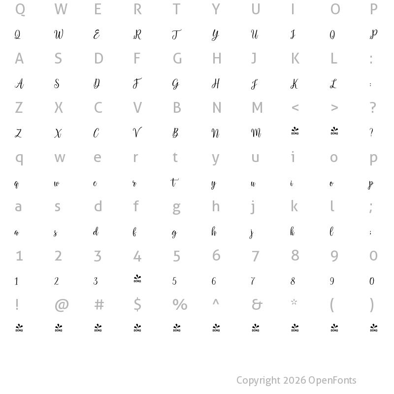 Character Map of FONTSPRING DEMO - Salbatora Script Regular