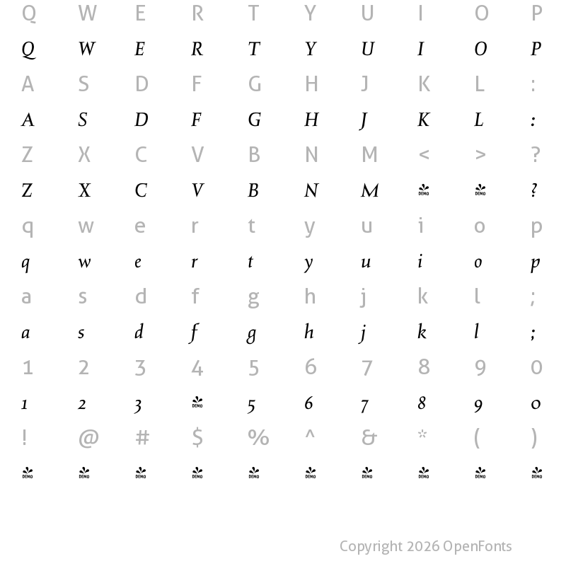 Character Map of FONTSPRING DEMO - Salden Italic