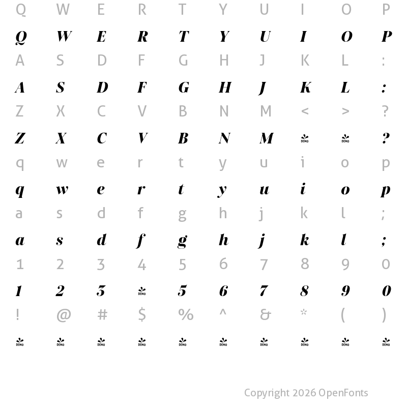 Character Map of FONTSPRING DEMO - Salina Swashes Bold Italic Regular