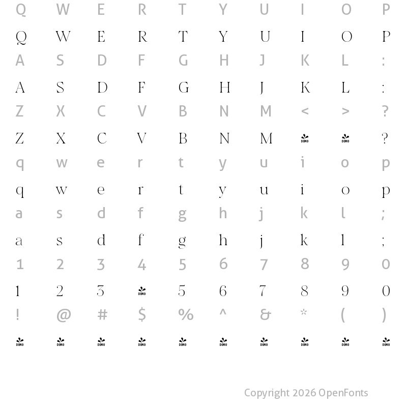 Character Map of FONTSPRING DEMO - Salina Swashes ExtraLight Regular