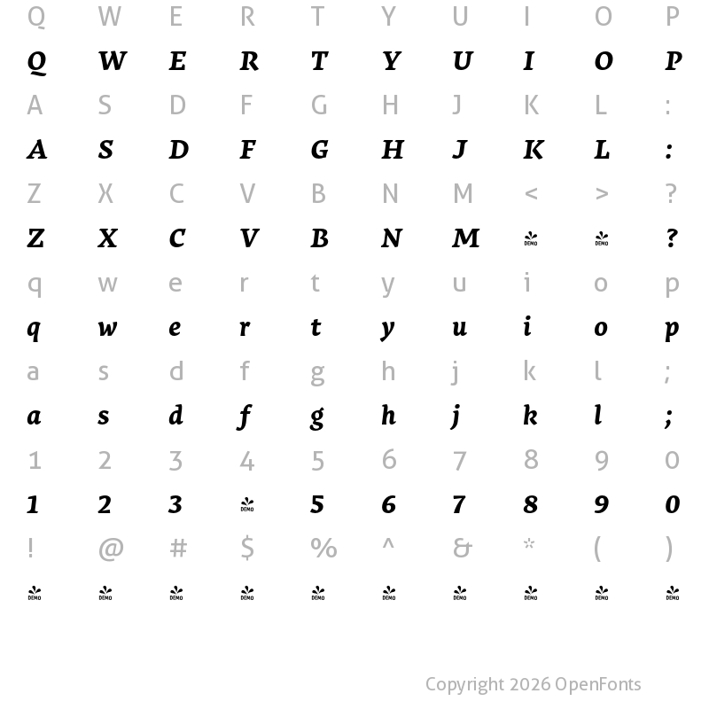 Character Map of FONTSPRING DEMO - Salom Bold Italic