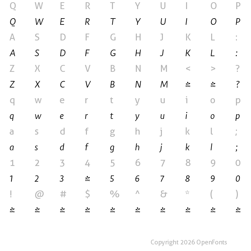 Character Map of FONTSPRING DEMO - Salom Sans Light Italic