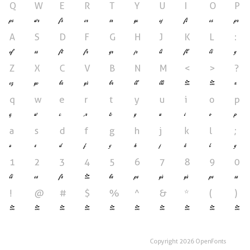 Character Map of FONTSPRING DEMO - Saloonkeeper Alternates Regular