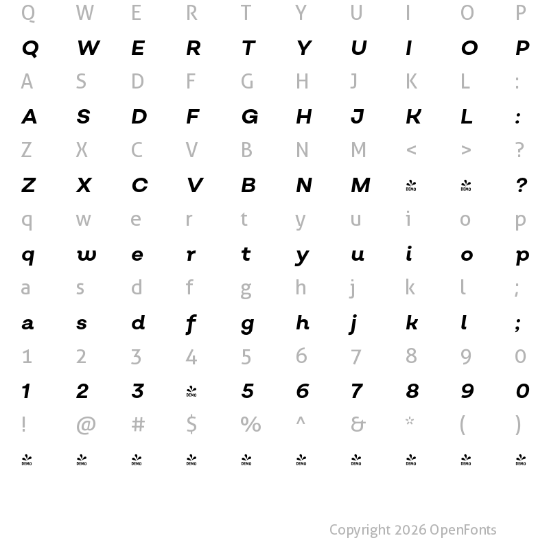 Character Map of FONTSPRING DEMO - Salvatore Roman Bold Italic Regular