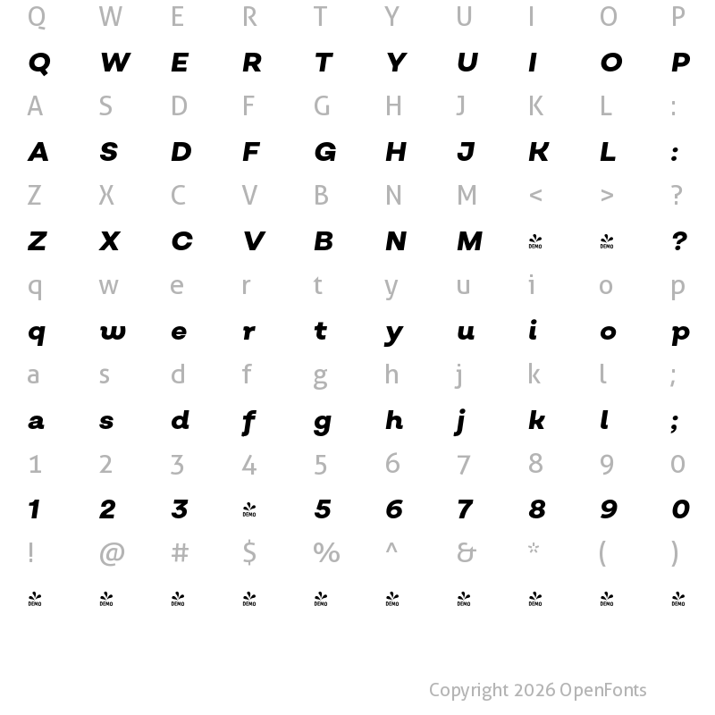 Character Map of FONTSPRING DEMO - Salvatore Roman ExBold Italic Regular