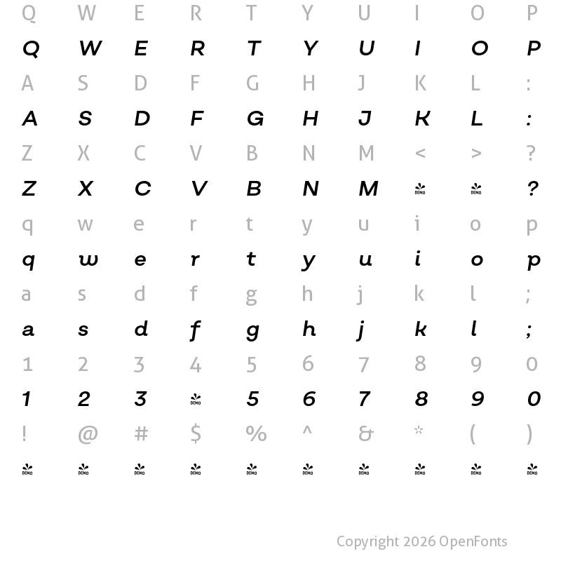 Character Map of FONTSPRING DEMO - Salvatore Roman Italic Regular