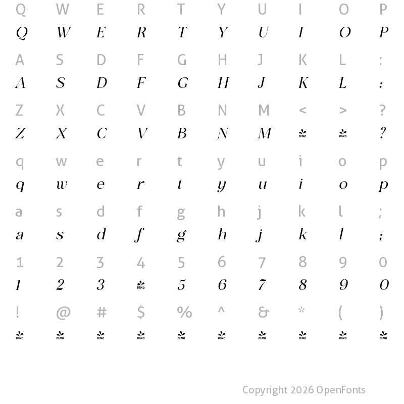 Character Map of FONTSPRING DEMO - San de More ExtBd Italic