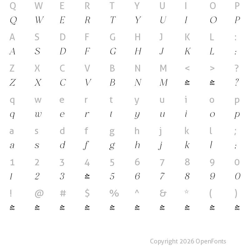 Character Map of FONTSPRING DEMO - San de More Italic