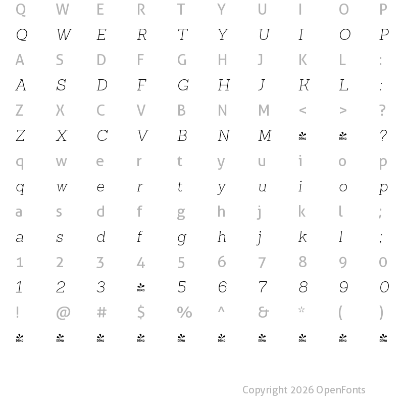 Character Map of FONTSPRING DEMO - Sanchez ExtraLight Italic Regular