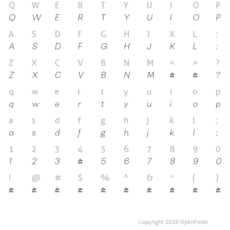 Character Map of FONTSPRING DEMO - Sans Th It Italic