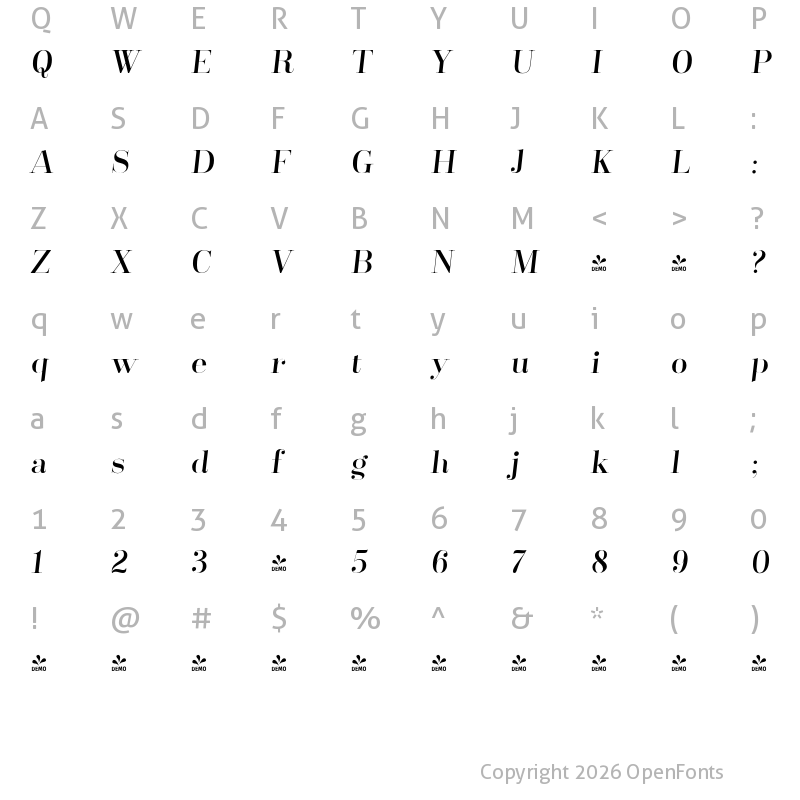 Character Map of FONTSPRING DEMO - Santis Italic