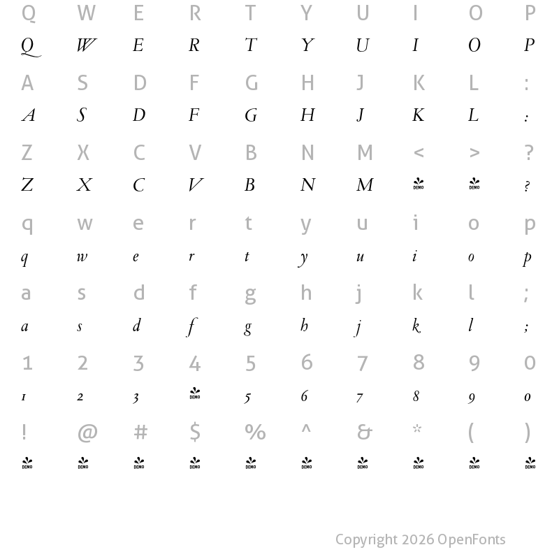 Character Map of FONTSPRING DEMO - Sarabande Italic