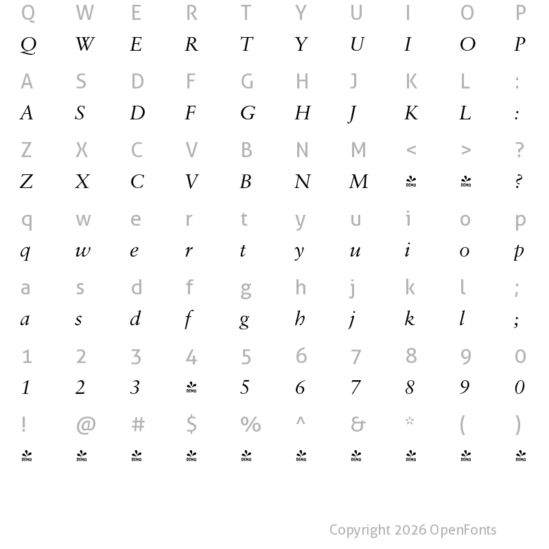 Character Map of FONTSPRING DEMO - Savoy Italic