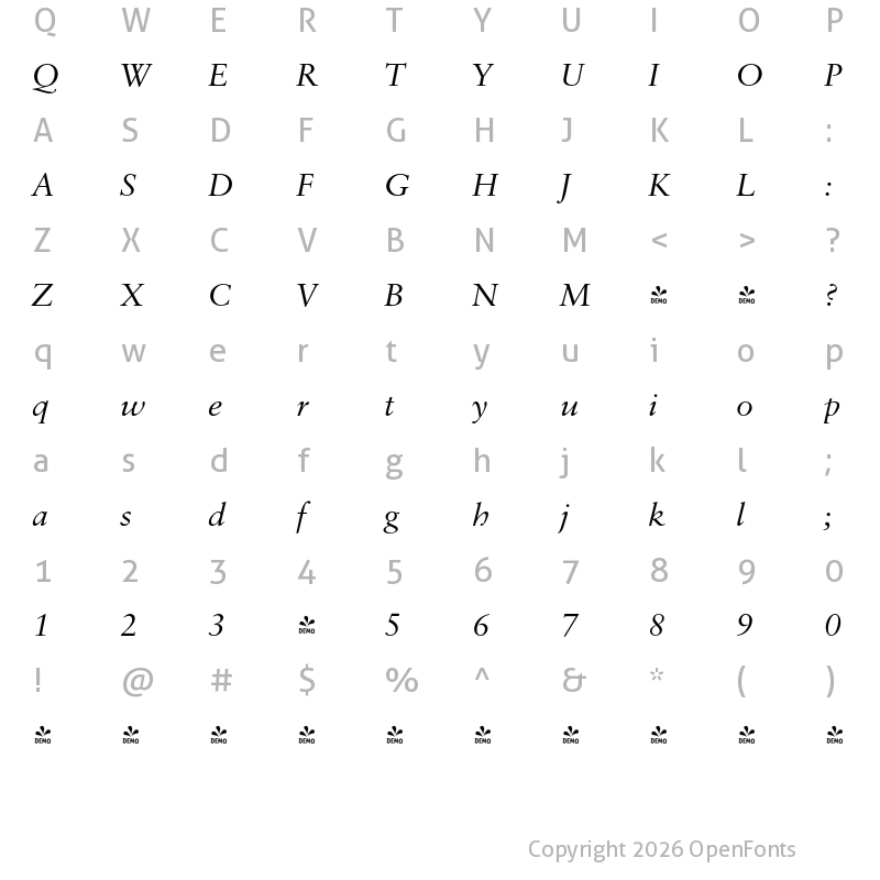 Character Map of FONTSPRING DEMO - Savoy Pro Italic