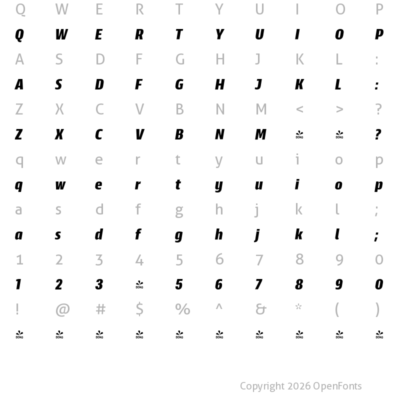Character Map of FONTSPRING DEMO - Scansky Condensed Bold Italic
