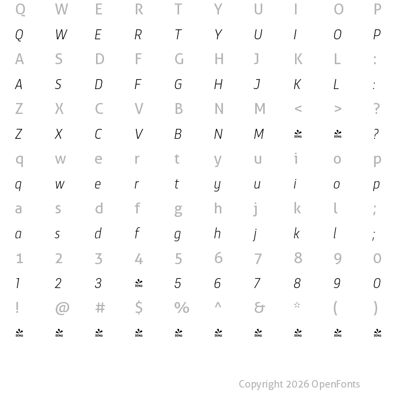 Character Map of FONTSPRING DEMO - Scansky Condensed ExtraLight Italic