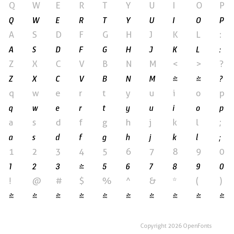 Character Map of FONTSPRING DEMO - Scansky Condensed Italic