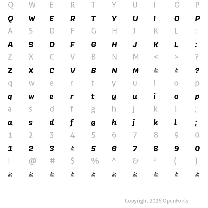 Character Map of FONTSPRING DEMO - Scarlet Bold Italic Regular