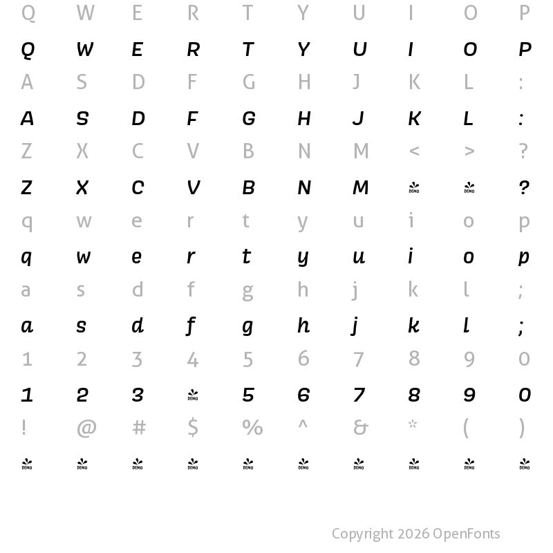 Character Map of FONTSPRING DEMO - Scarlet Medium Italic Regular