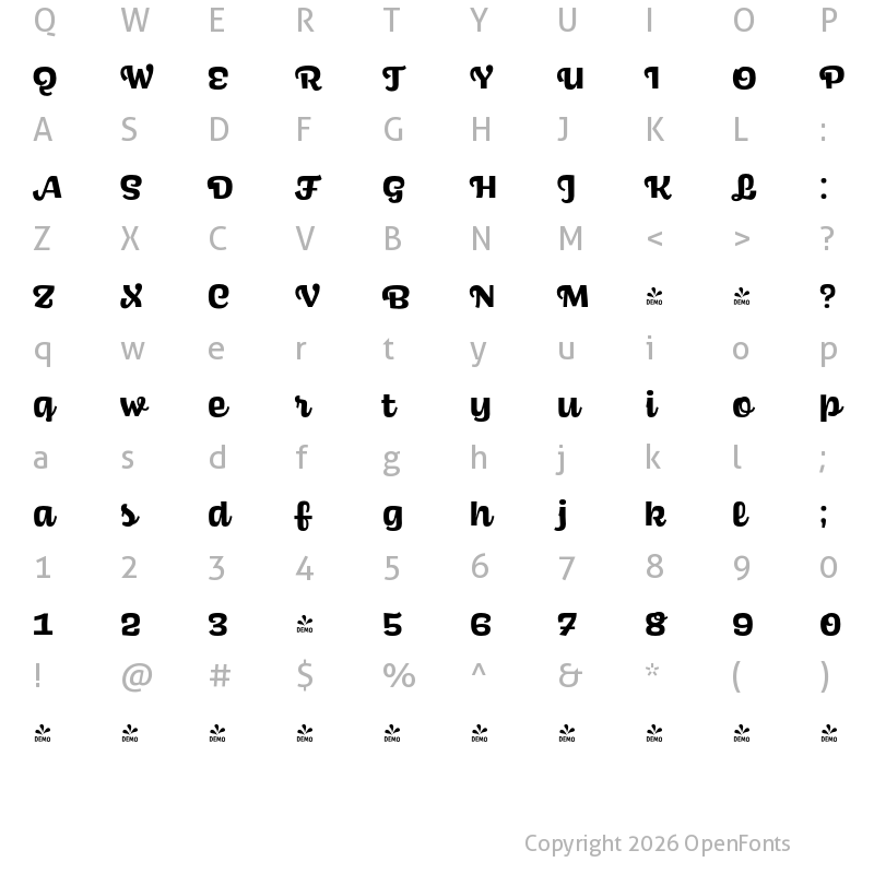 Character Map of FONTSPRING DEMO - Scarlet Script ExtraBold Regular