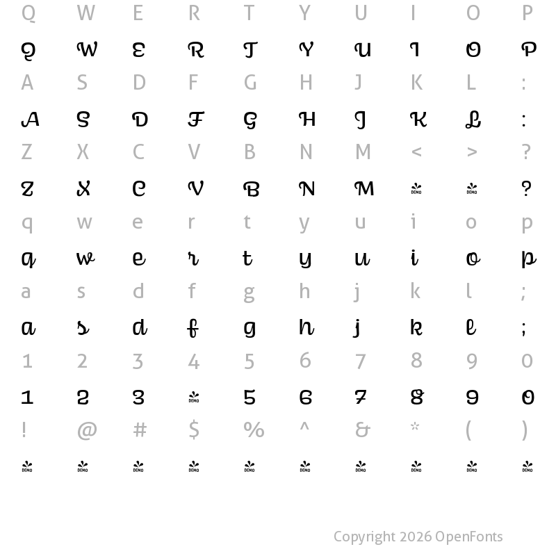 Character Map of FONTSPRING DEMO - Scarlet Script Medium Regular