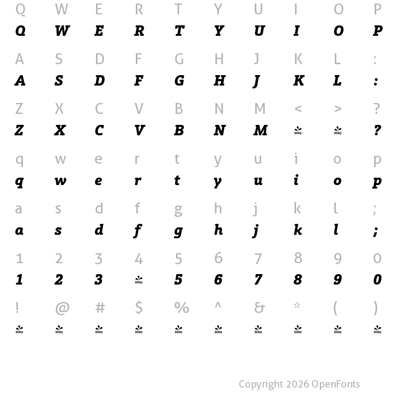 Character Map of FONTSPRING DEMO - Schnebel Slab Pro Black Italic