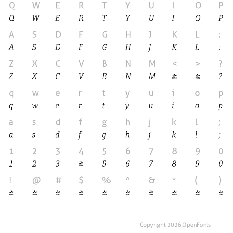 Character Map of FONTSPRING DEMO - Schnebel Slab Pro Cond Light Italic